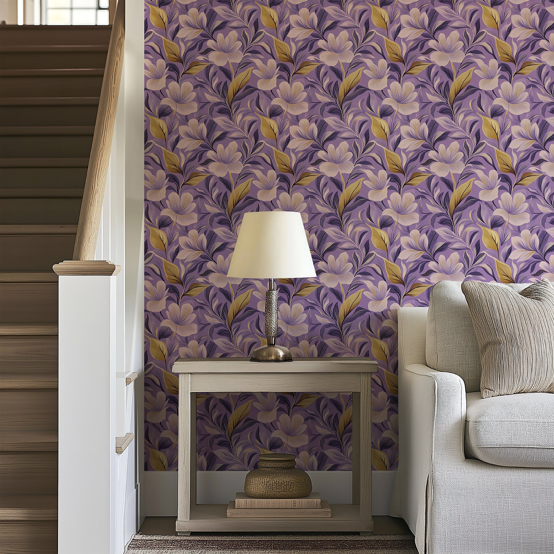 Majestic Violet Garden Wallpaper with white flowers on a purple background enhances modern decor with timeless floral elegance.