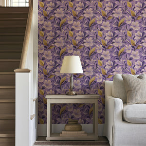 Majestic Violet Garden Wallpaper with white flowers on a purple background enhances modern decor with timeless floral elegance.