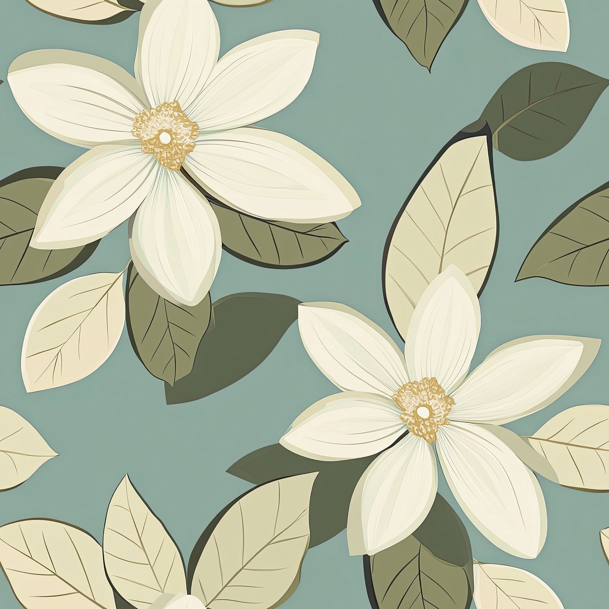 Classic Bloom Bliss wallpaper with ivory floral pattern on teal background, featuring sage leaves for a retro, timeless modern design.