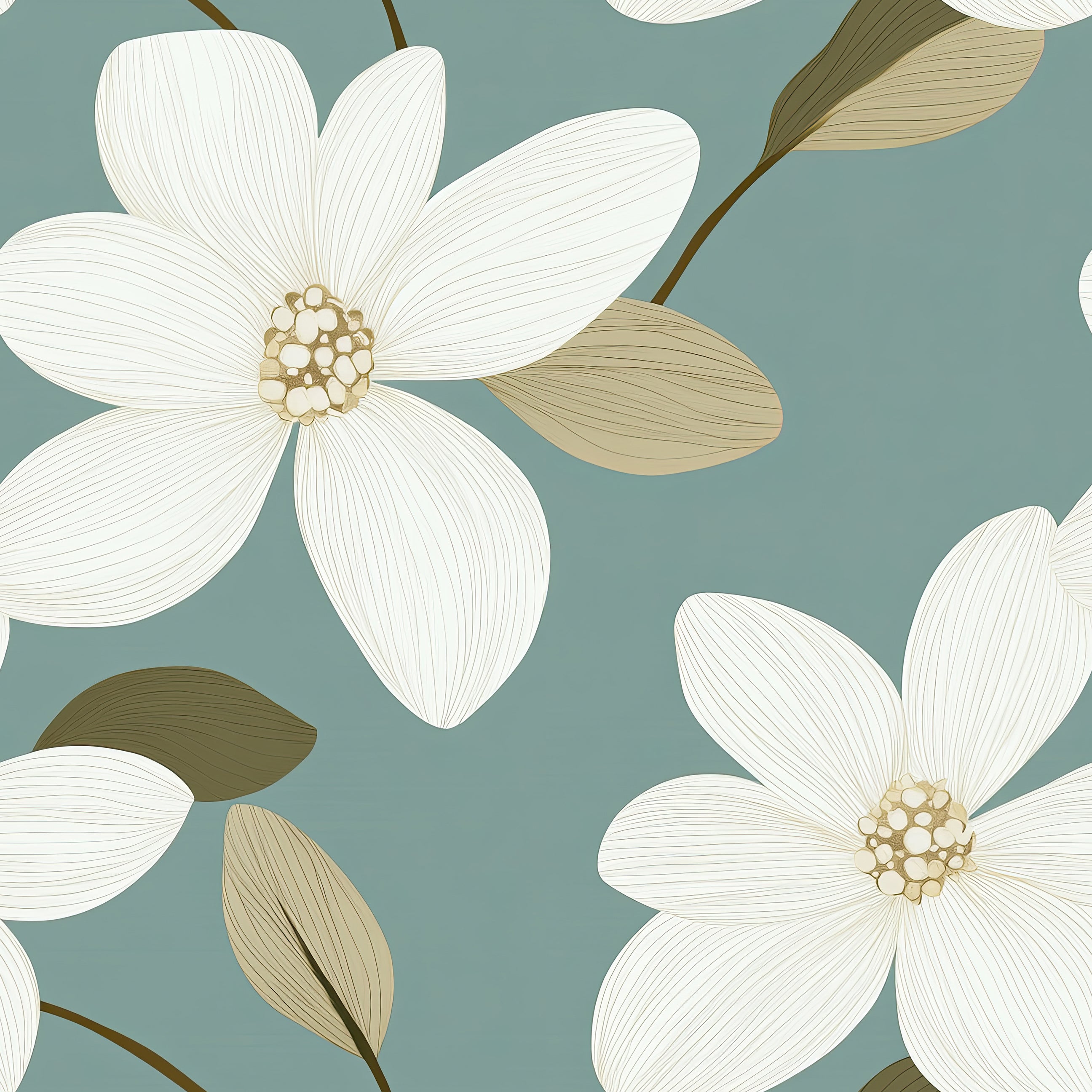 Elegant floral wallpaper with ivory blooms and tan leaves on teal background. Retro, timeless design for modern interiors.
