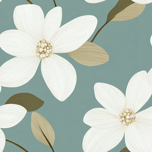 Elegant floral wallpaper with ivory blooms and tan leaves on teal background. Retro, timeless design for modern interiors.