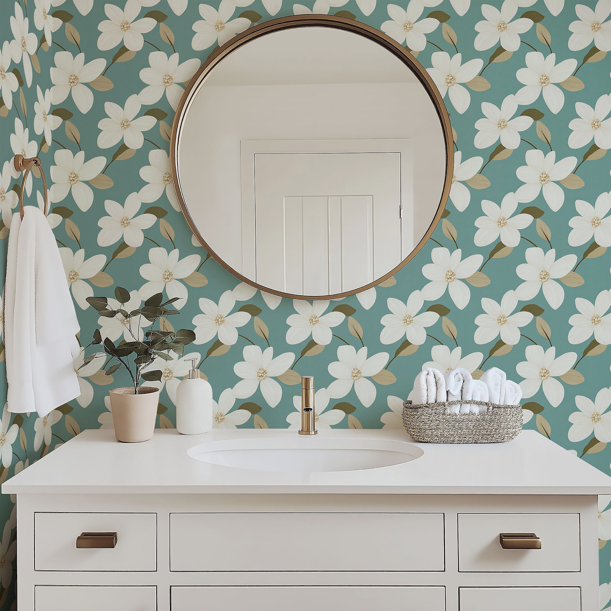 Retro floral wallpaper with ivory blooms on teal background, complemented by a white vanity and mirror, creating a modern, timeless look.