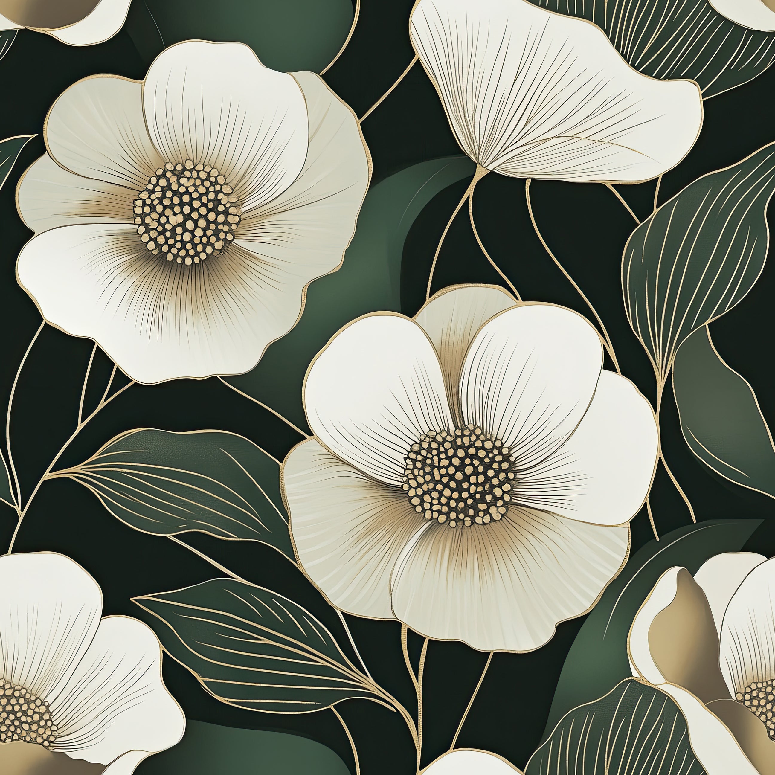 Modern dark forest wallpaper with ivory and gold flowers on green and black background, ideal for contemporary spaces.