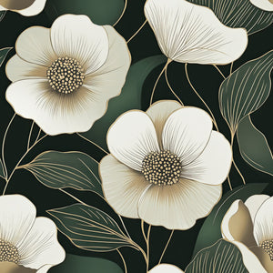 Modern dark forest wallpaper with ivory and gold flowers on green and black background, ideal for contemporary spaces.