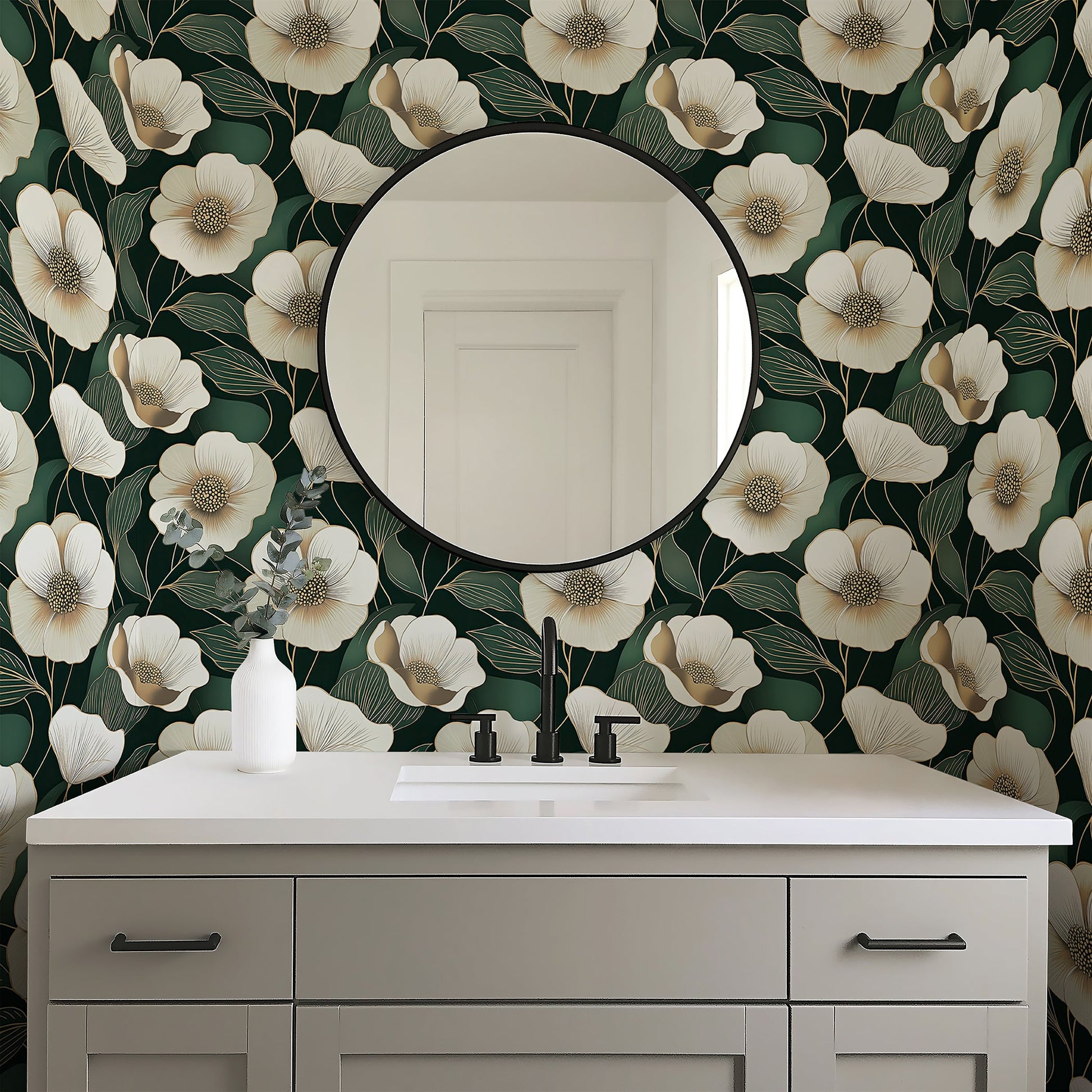 Luxurious modern wallpaper with ivory flowers and gold accents on a deep green background, enhancing contemporary decor.
