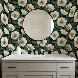 Luxurious modern wallpaper with ivory flowers and gold accents on a deep green background, enhancing contemporary decor.