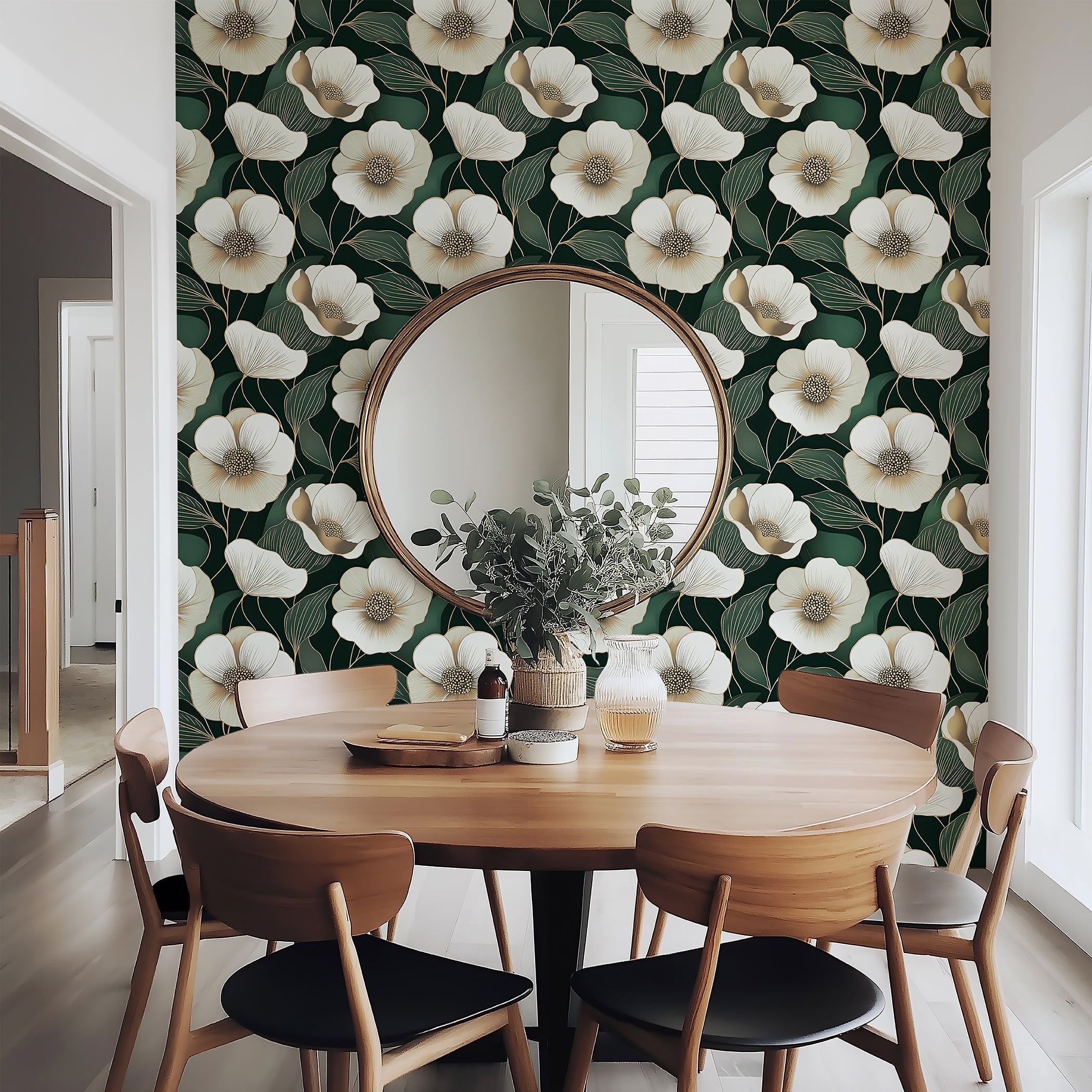 Modern dining room with Dark Forest Elegance wallpaper featuring white flowers on green and black background, enhancing contemporary style.
