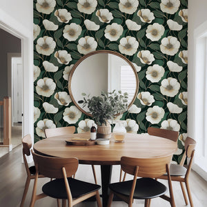 Modern dining room with Dark Forest Elegance wallpaper featuring white flowers on green and black background, enhancing contemporary style.
