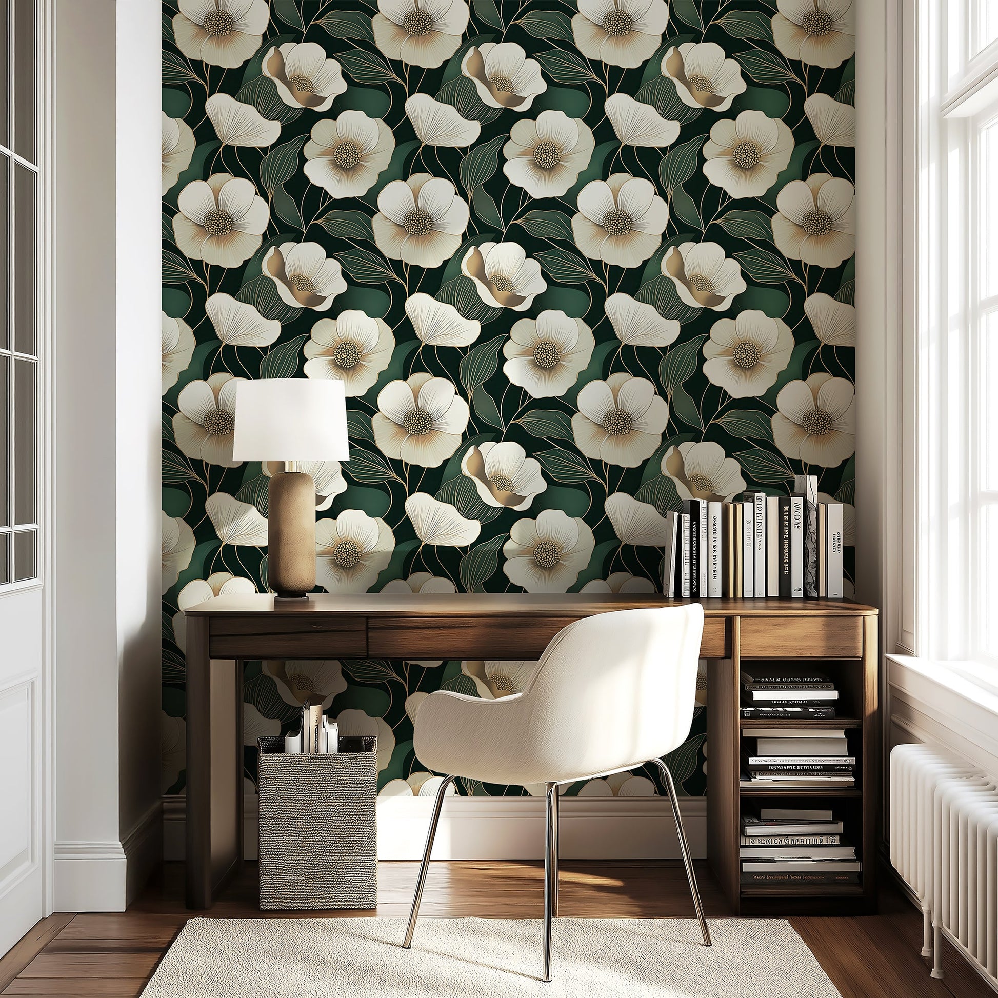 Modern wallpaper with white flowers on deep green background, featuring a contemporary desk setting in light-filled room.