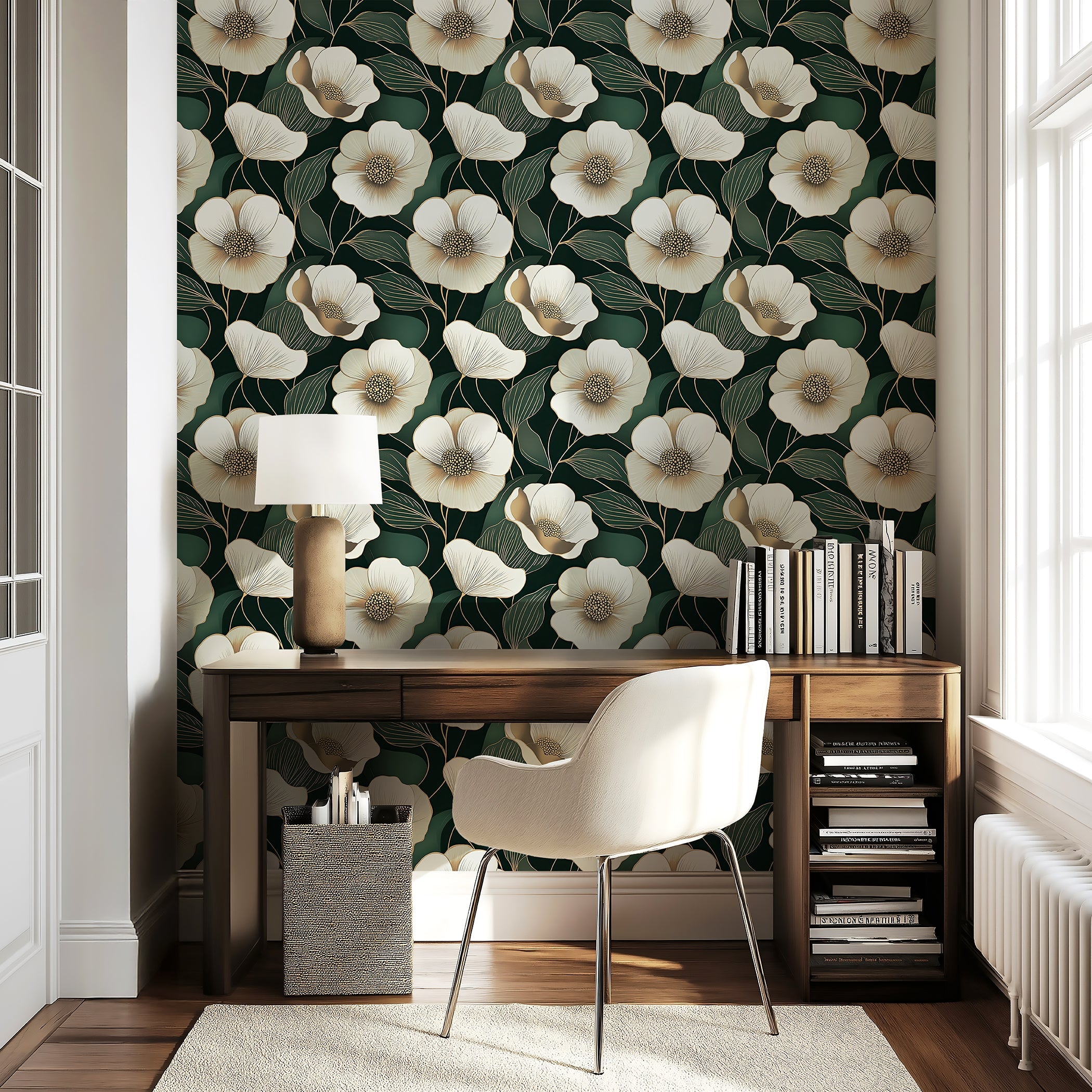 Modern wallpaper with white flowers on deep green background, featuring a contemporary desk setting in light-filled room.