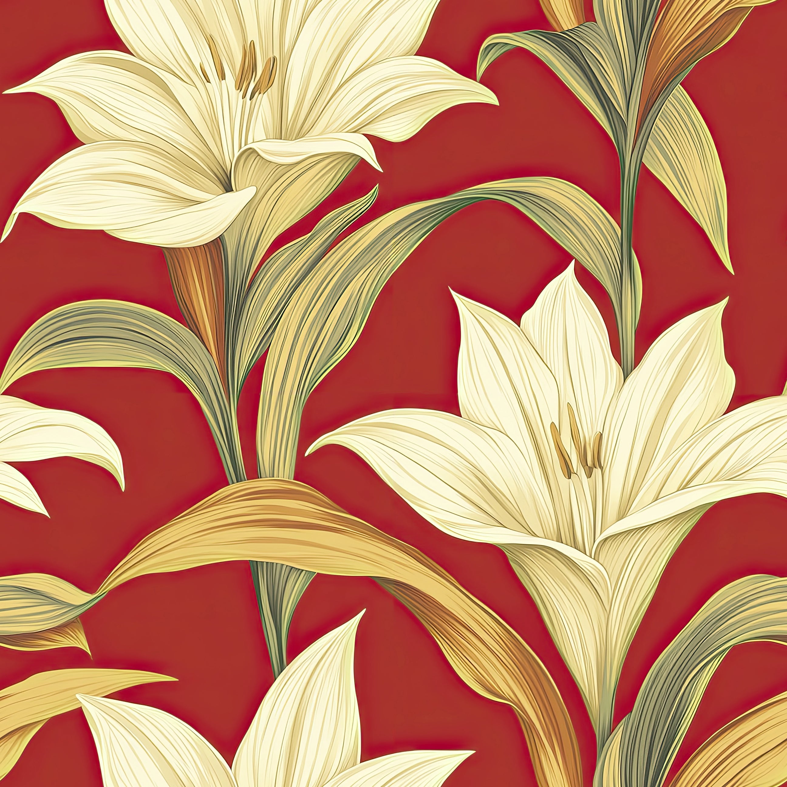 Golden-yellow lilies on red background, contemporary floral wallpaper, modern coastal style.