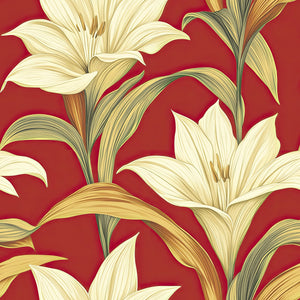 Golden-yellow lilies on red background, contemporary floral wallpaper, modern coastal style.