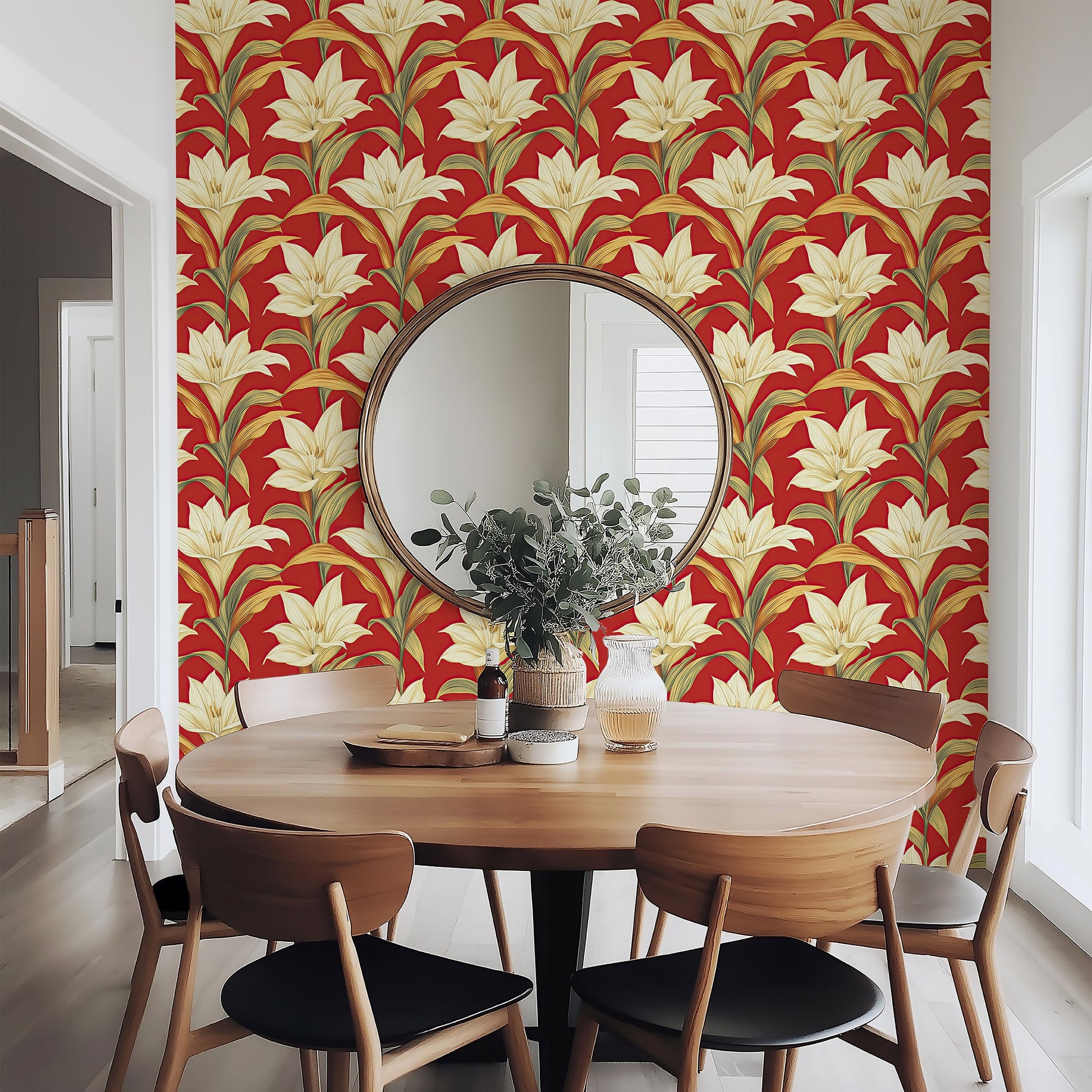 Radiant golden-yellow lilies wallpaper with red background accentuates modern decor in dining room.