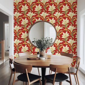 Radiant golden-yellow lilies wallpaper with red background accentuates modern decor in dining room.