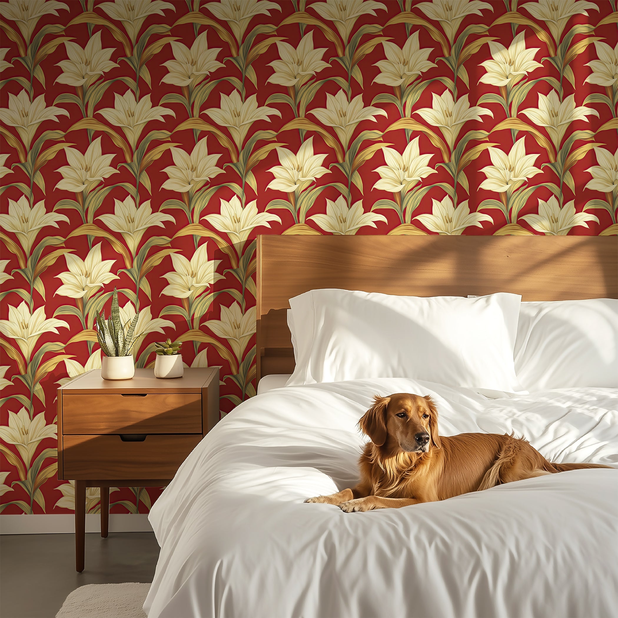 Golden-yellow lilies on bold red wallpaper enhancing a modern bedroom's elegance, featuring a dog on a white bed beside a wooden nightstand.
