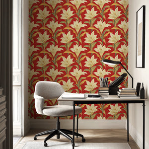 Modern wallpaper with golden-yellow lilies on a vibrant red background, perfect for contemporary or coastal themed living spaces.