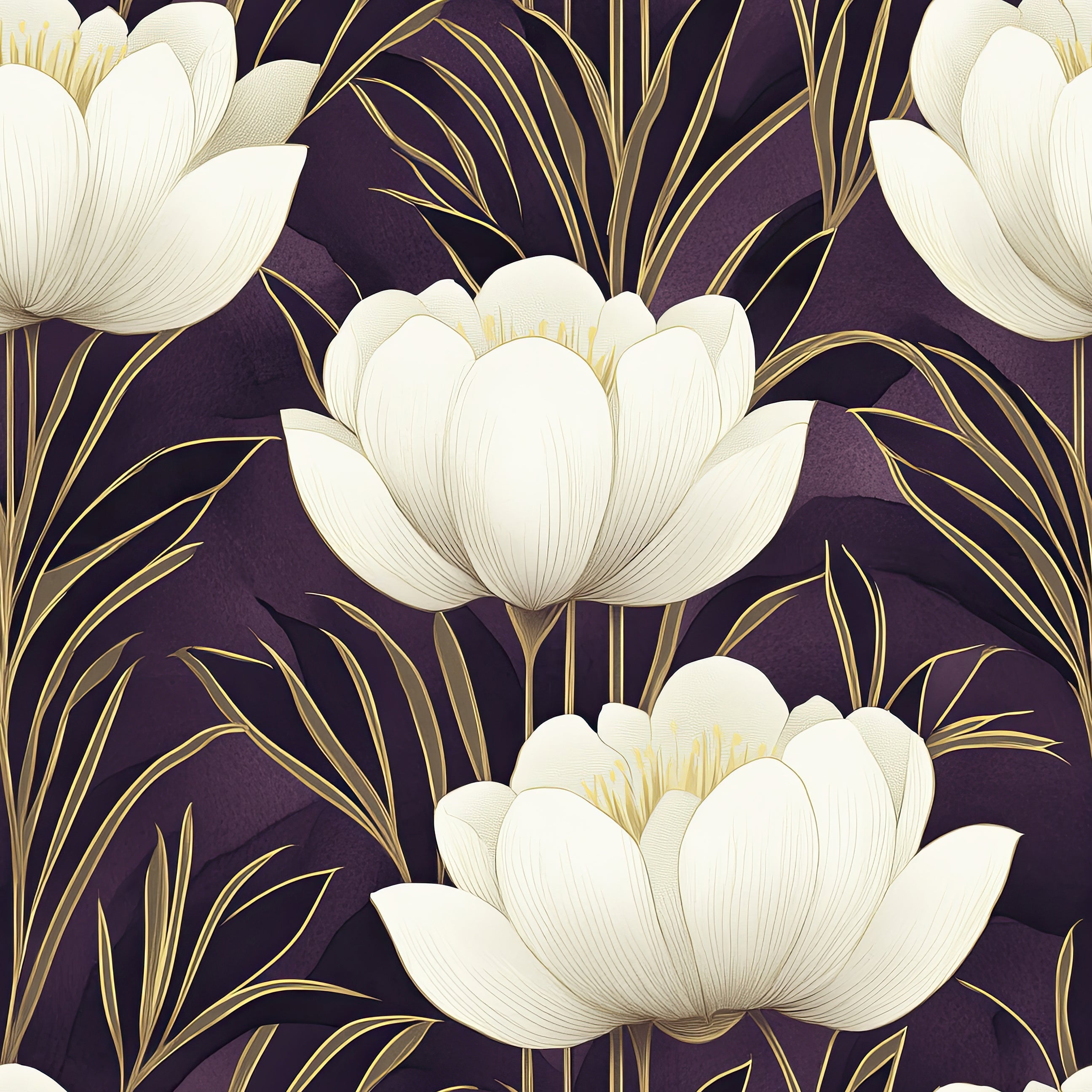 Golden Veil Floral Wallpaper with ivory flowers and gold accents on a purple background; art deco modern floral design.
