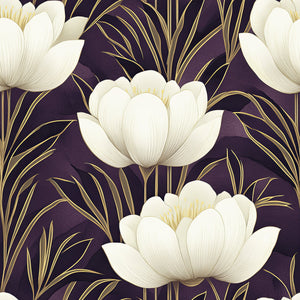 Golden Veil Floral Wallpaper with ivory flowers and gold accents on a purple background; art deco modern floral design.