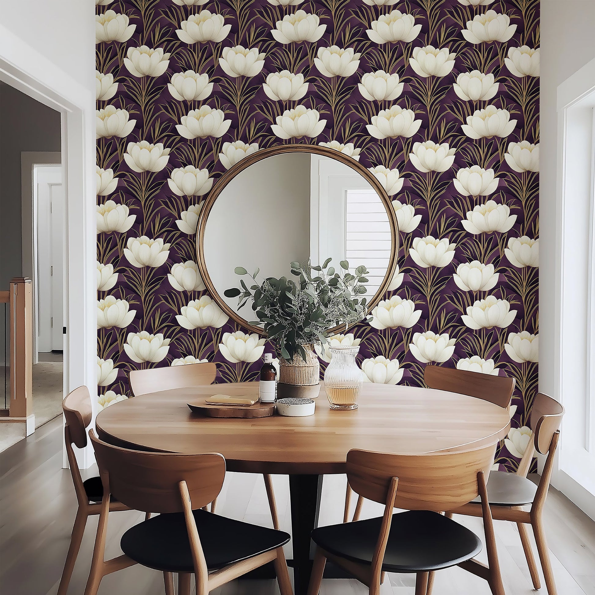 Art deco floral wallpaper with ivory blooms on purple, featuring gold accents, ideal for modern interiors.  Luxurious and elegant design.
