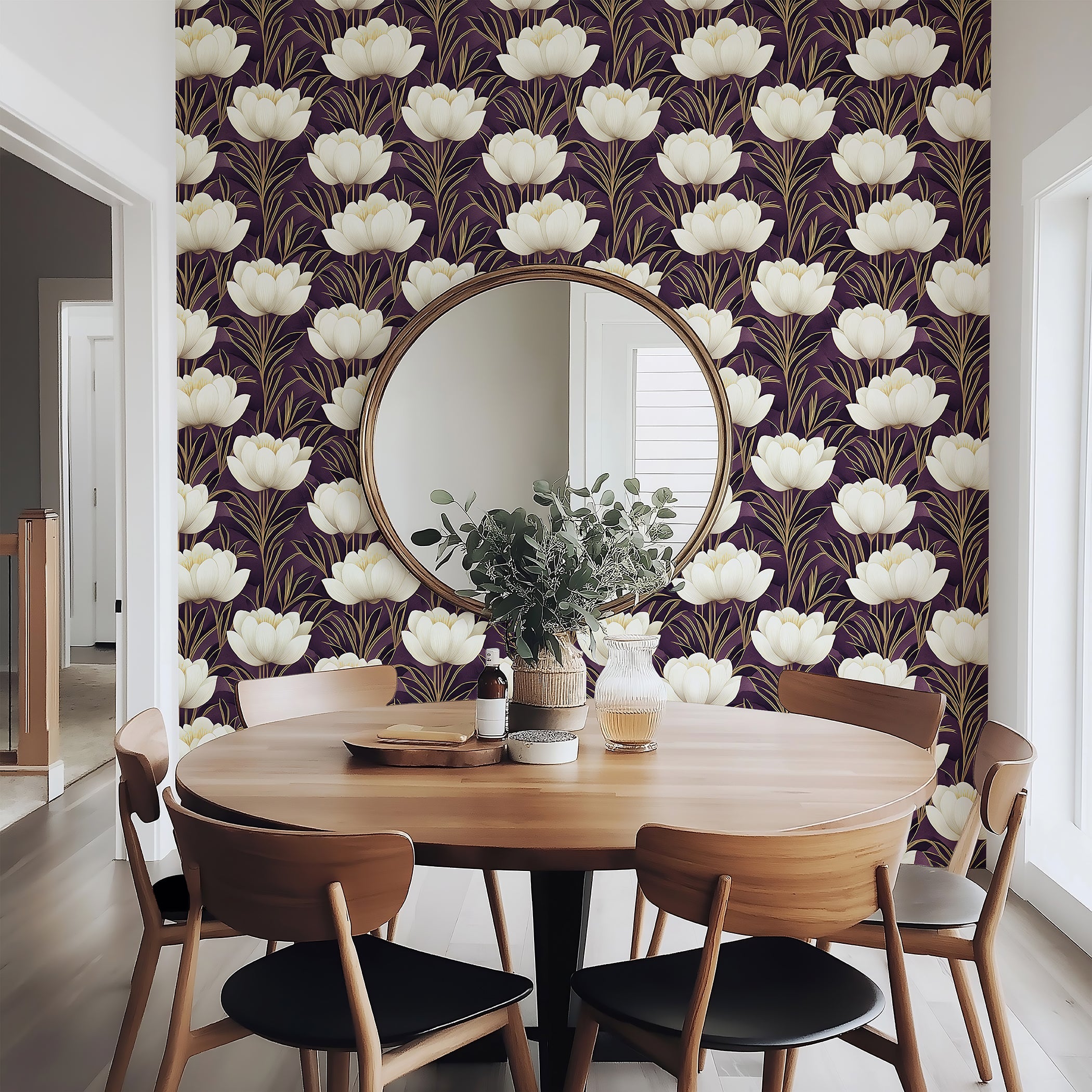 Art deco floral wallpaper with ivory blooms on purple, featuring gold accents, ideal for modern interiors.  Luxurious and elegant design.