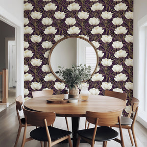 Art deco floral wallpaper with ivory blooms on purple, featuring gold accents, ideal for modern interiors.  Luxurious and elegant design.