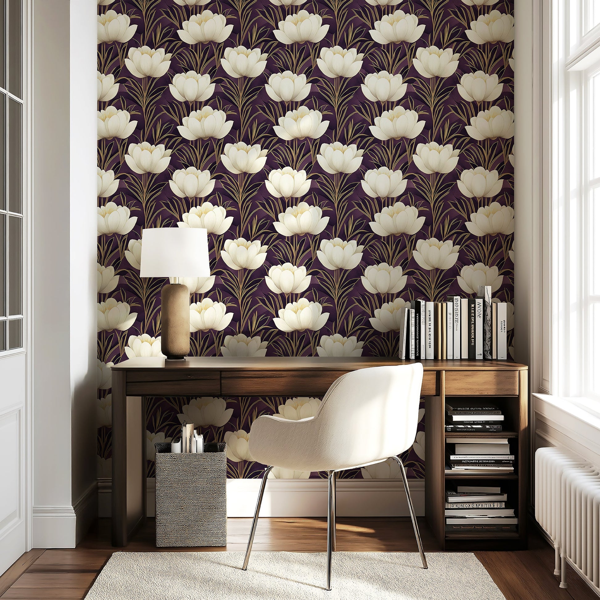 Art deco floral wallpaper with ivory flowers and gold accents on a purple background, enhancing a modern interior space.