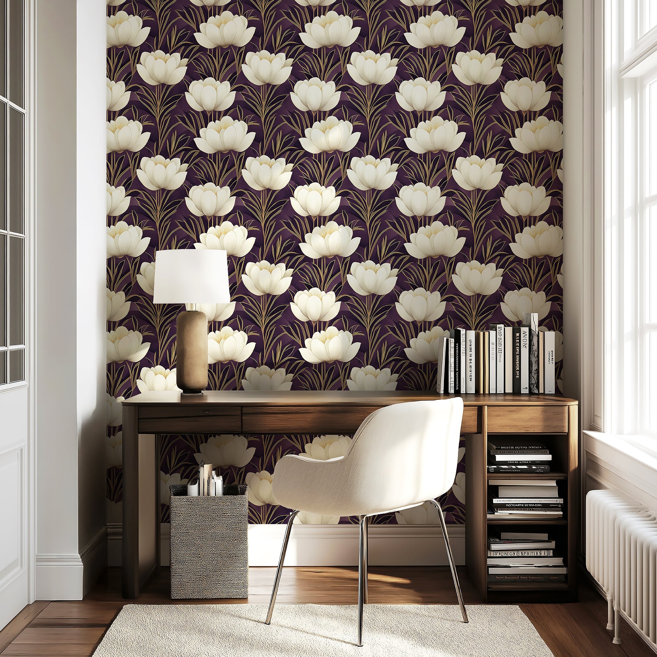 Art deco floral wallpaper with ivory flowers and gold accents on a purple background, enhancing a modern interior space.