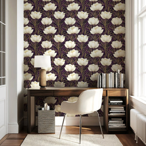 Art deco floral wallpaper with ivory flowers and gold accents on a purple background, enhancing a modern interior space.