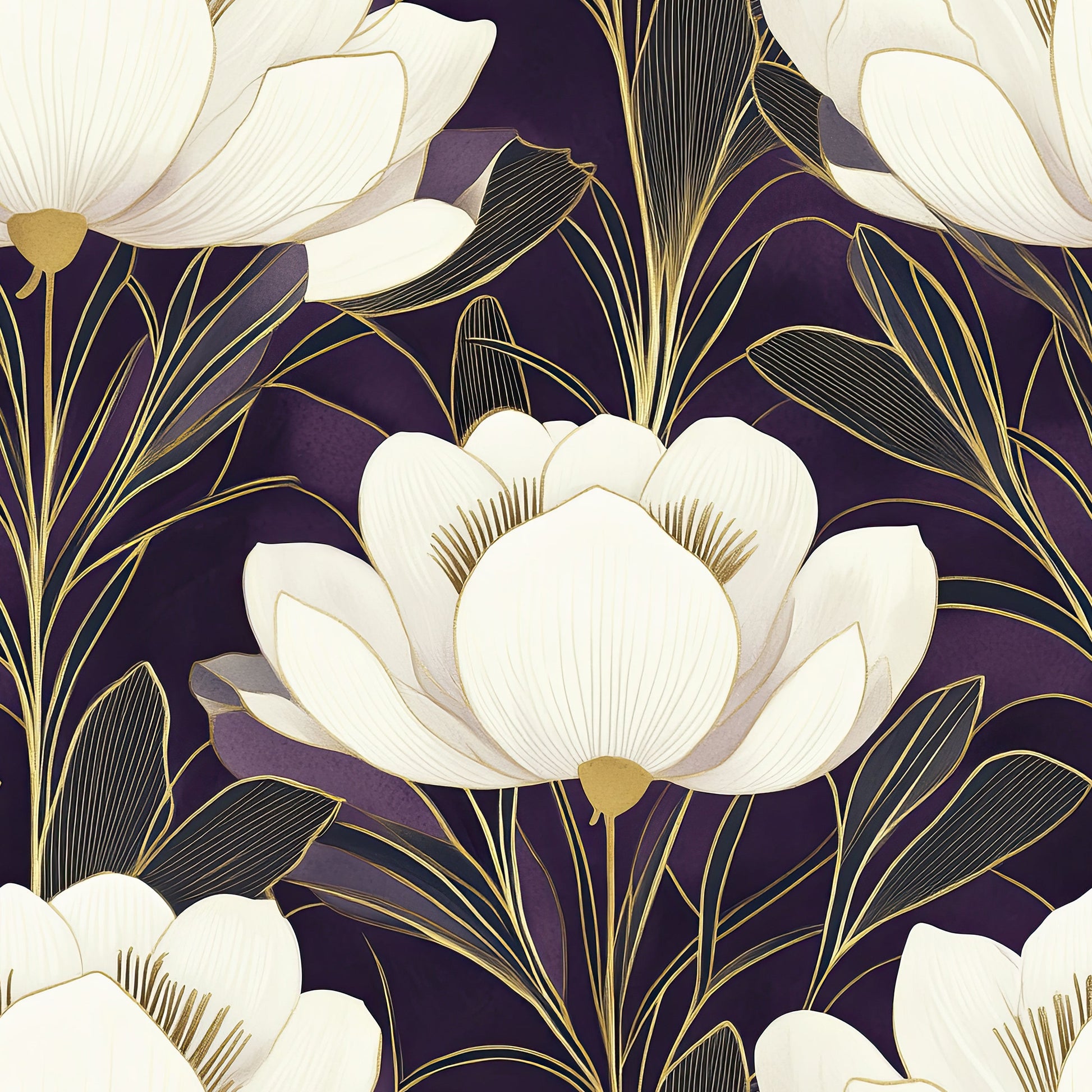 Noble Bloom Twilight wallpaper featuring art deco style with creamy white flowers on a purple background accented by gold lines.