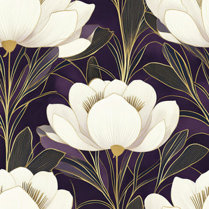 Noble Bloom Twilight wallpaper featuring art deco style with creamy white flowers on a purple background accented by gold lines.