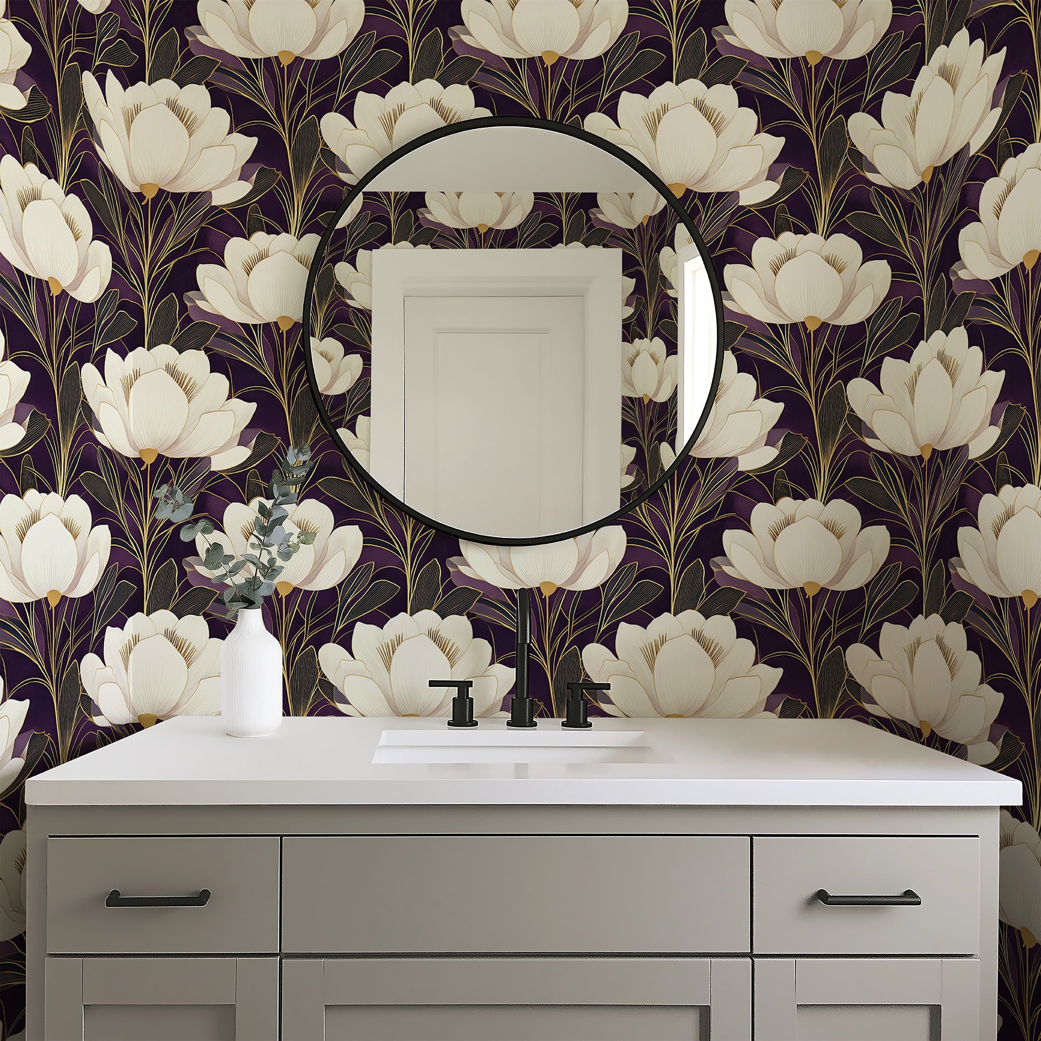 Elegant art deco floral wallpaper with creamy white flowers on purple background, featuring gold accents, enhancing modern decor.