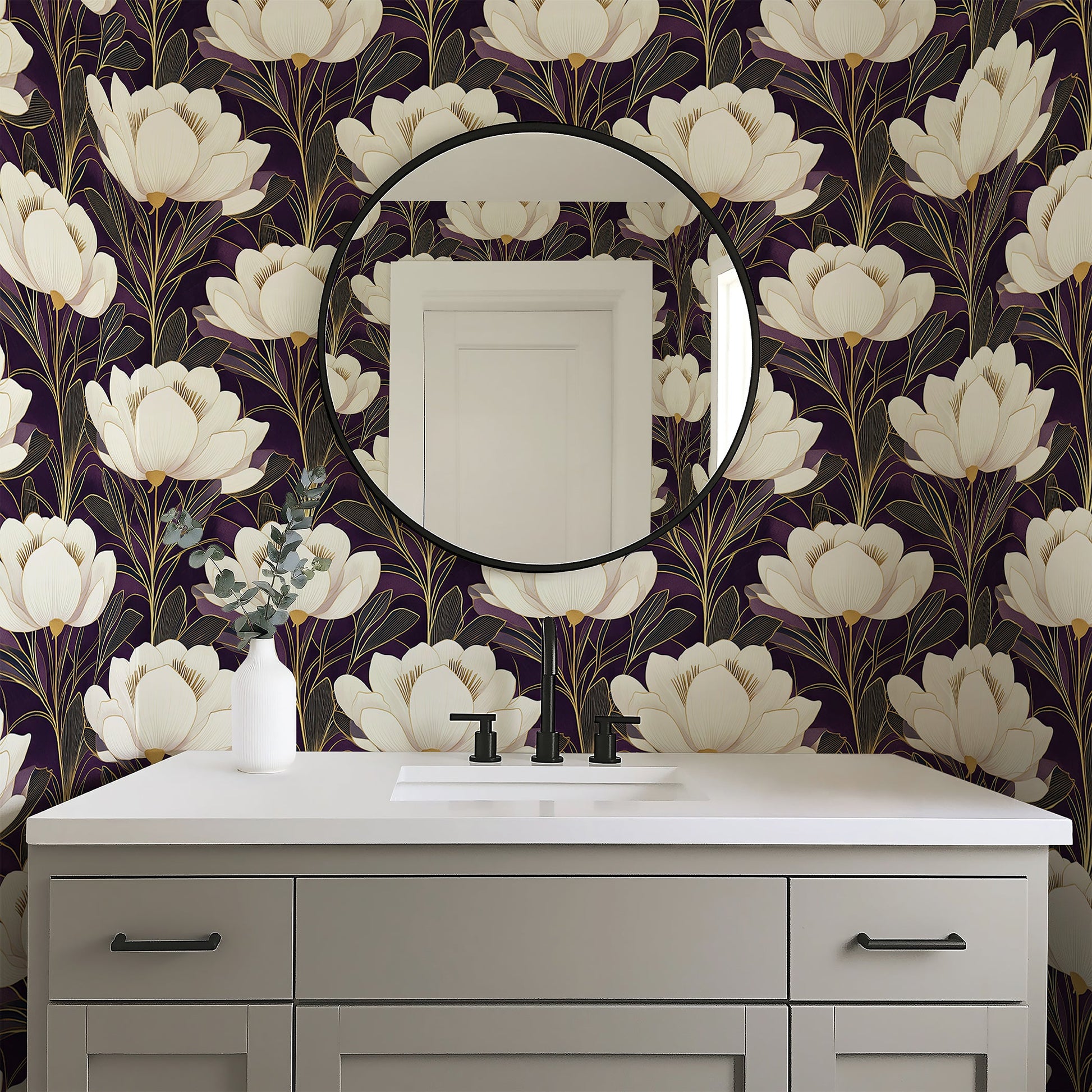 Elegant art deco floral wallpaper with creamy white flowers on purple background, featuring gold accents, enhancing modern decor.