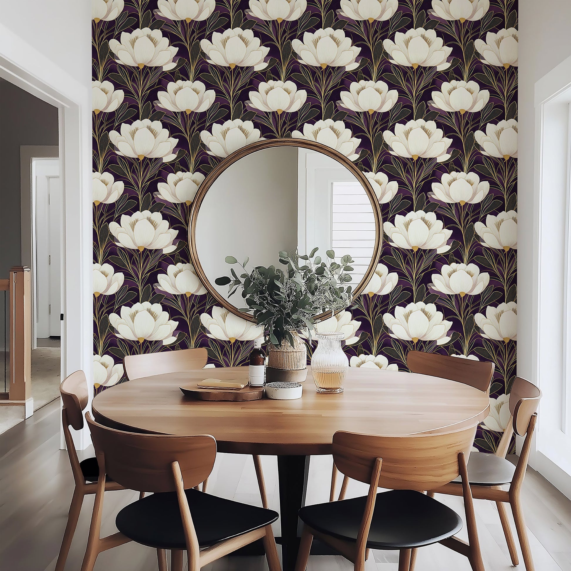 Art deco floral wallpaper with creamy white flowers, gold lines on a purple background, enhancing a modern dining room.