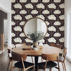 Art deco floral wallpaper with creamy white flowers, gold lines on a purple background, enhancing a modern dining room.