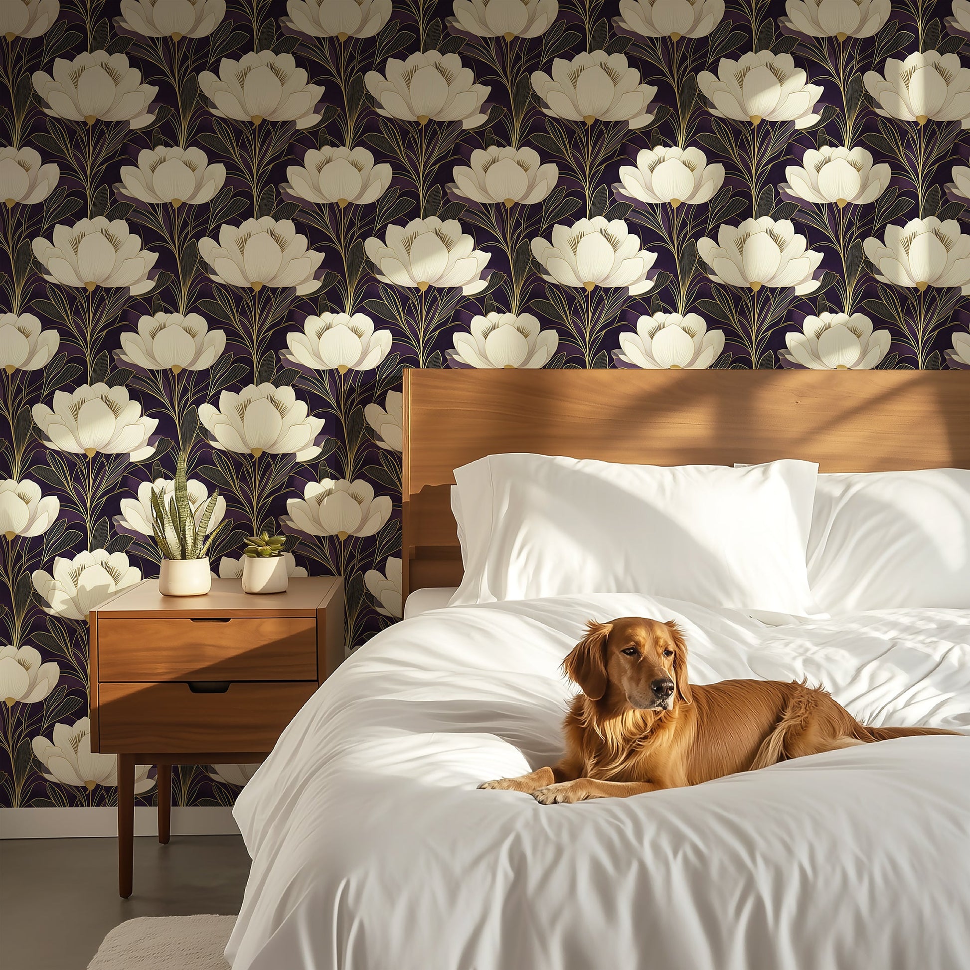 Art deco floral wallpaper with creamy white flowers on dark plum, accented by gold, in a modern bedroom with a dog on the bed.