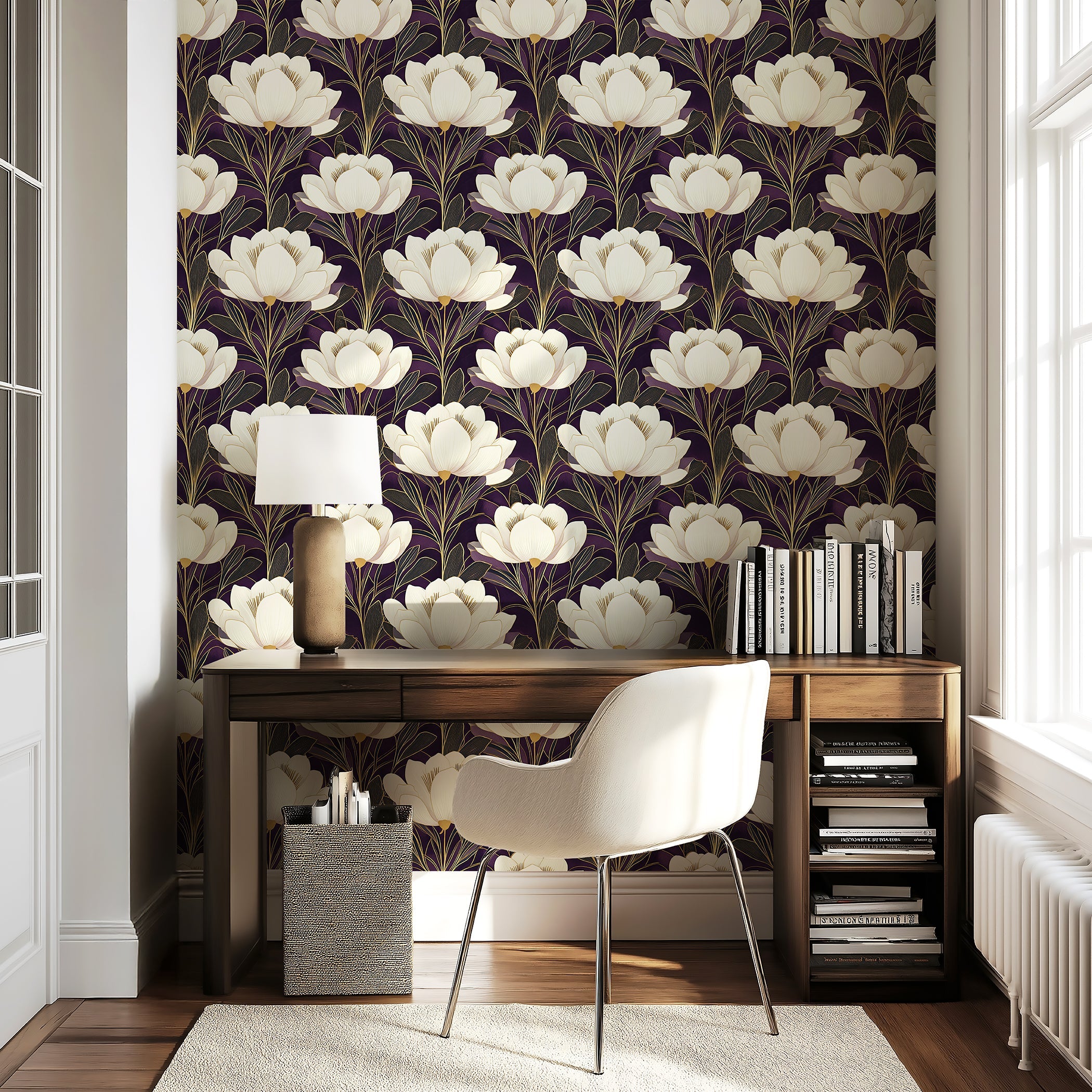 Noble Bloom Twilight wallpaper with creamy white flowers on a dark plum background, featuring art deco style with gold lines in a modern setting.