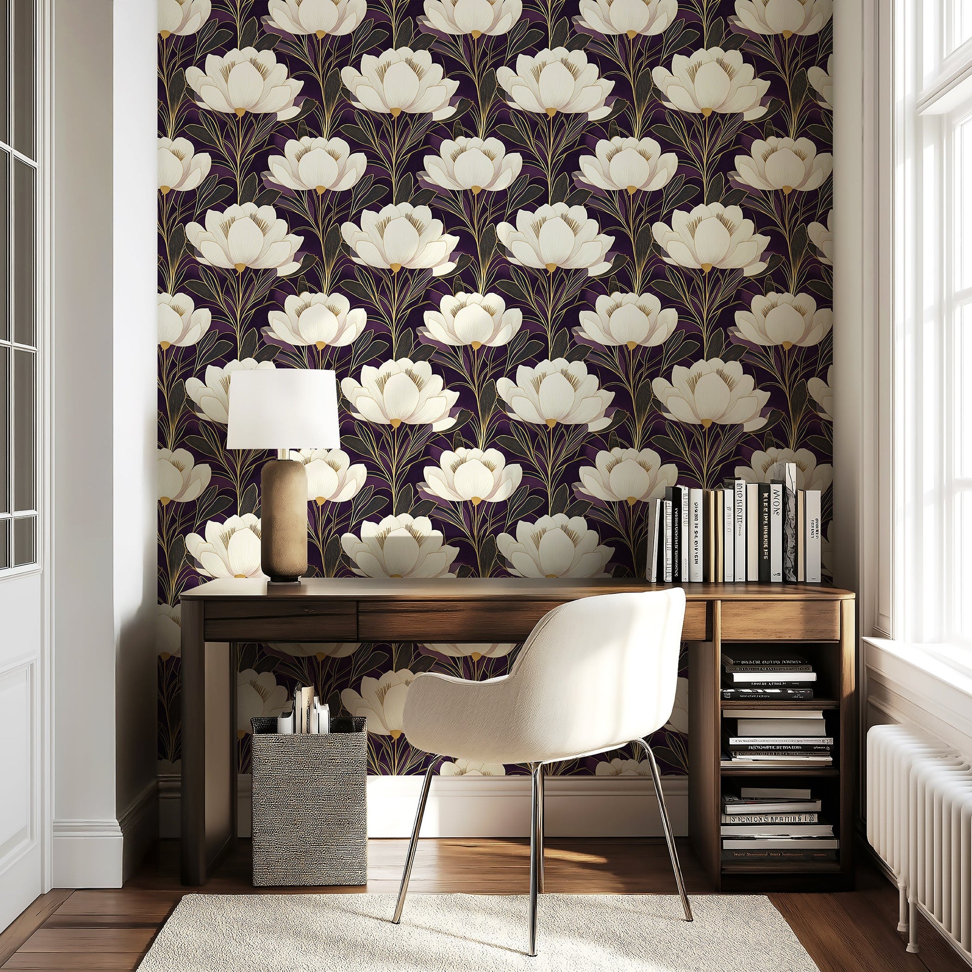 Noble Bloom Twilight wallpaper with creamy white flowers on a dark plum background, featuring art deco style with gold lines in a modern setting.