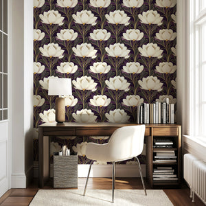 Noble Bloom Twilight wallpaper with creamy white flowers on a dark plum background, featuring art deco style with gold lines in a modern setting.