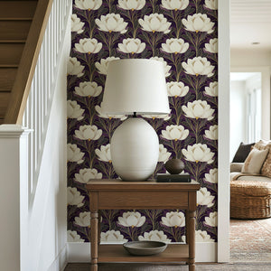 Noble Bloom Twilight wallpaper with white floral art deco design on dark plum, gold accents. Perfect for modern interiors.