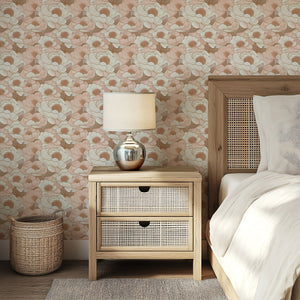 Peach floral wallpaper with soft, monochromatic flowers in a serene bedroom setting, enhancing warmth and elegance. Keywords: florals, peach.