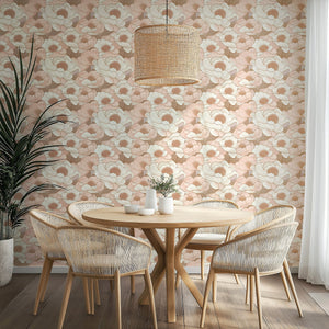Monochrome peach floral wallpaper with white flowers, enhancing a serene dining area, perfect for adding elegance and warmth to any space.