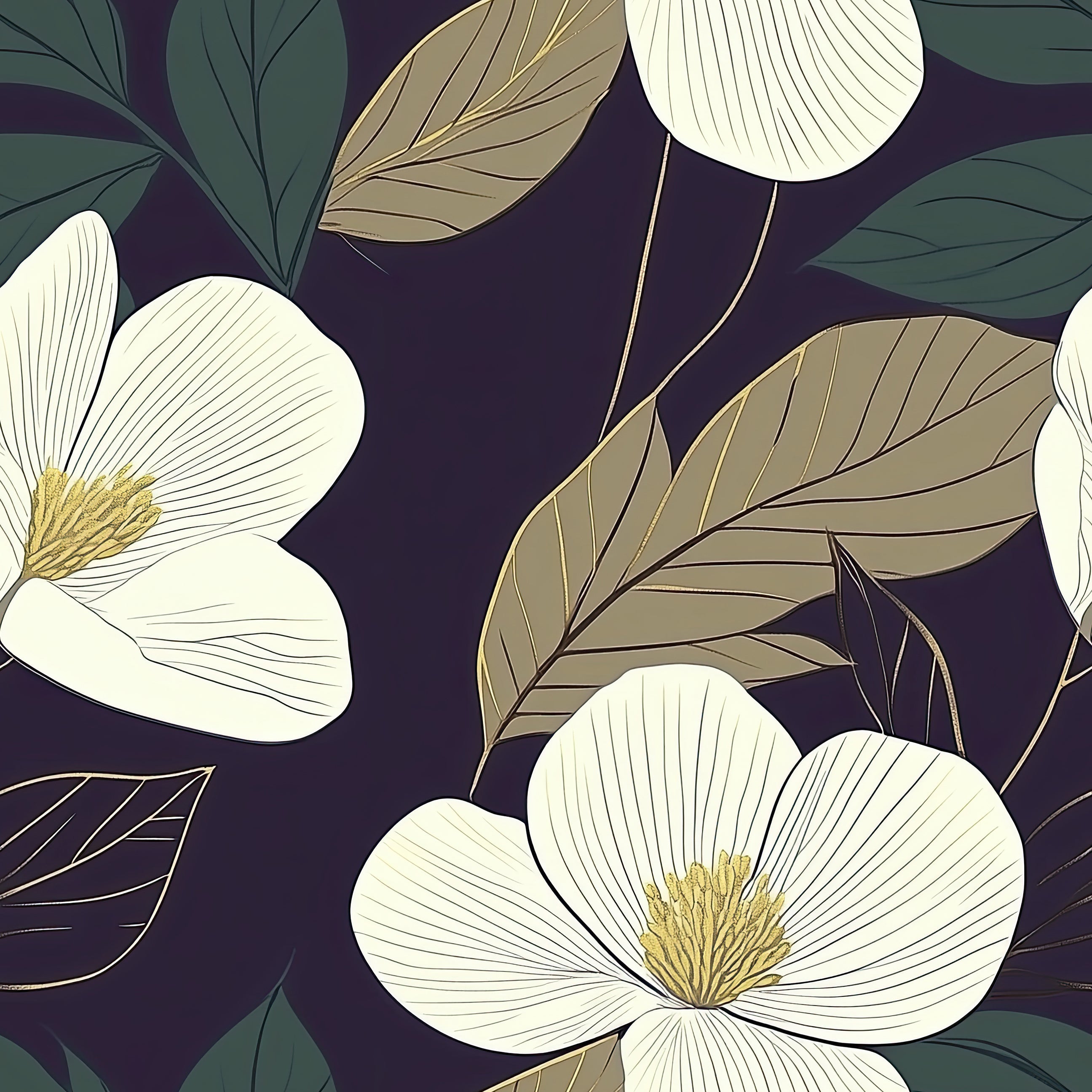 Ivory and Gold Petal Noir wallpaper with ivory petals, gold-veined leaves on a noir background; modern, contemporary floral design.