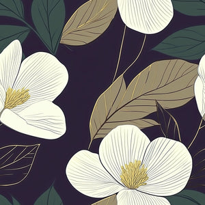 Ivory and Gold Petal Noir wallpaper with ivory petals, gold-veined leaves on a noir background; modern, contemporary floral design.