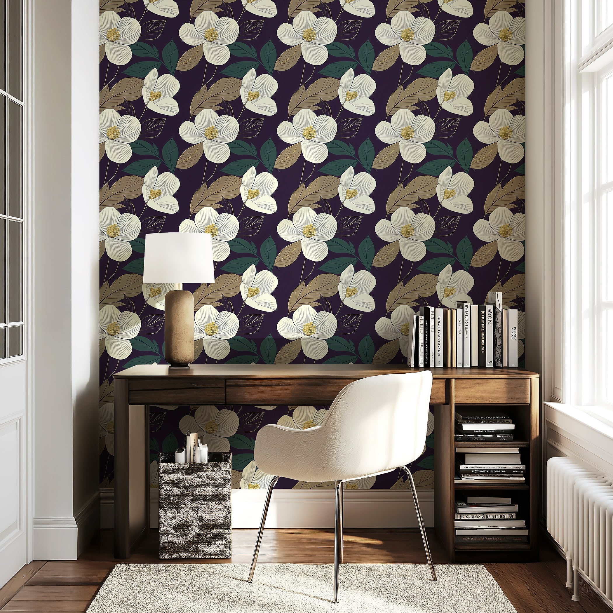 Ivory and Gold Petal Noir floral wallpaper with ivory petals, golden leaves, and deep noir background for modern, timeless decor.