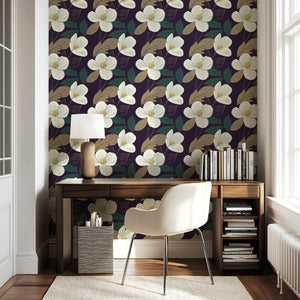 Ivory and Gold Petal Noir floral wallpaper with ivory petals, golden leaves, and deep noir background for modern, timeless decor.