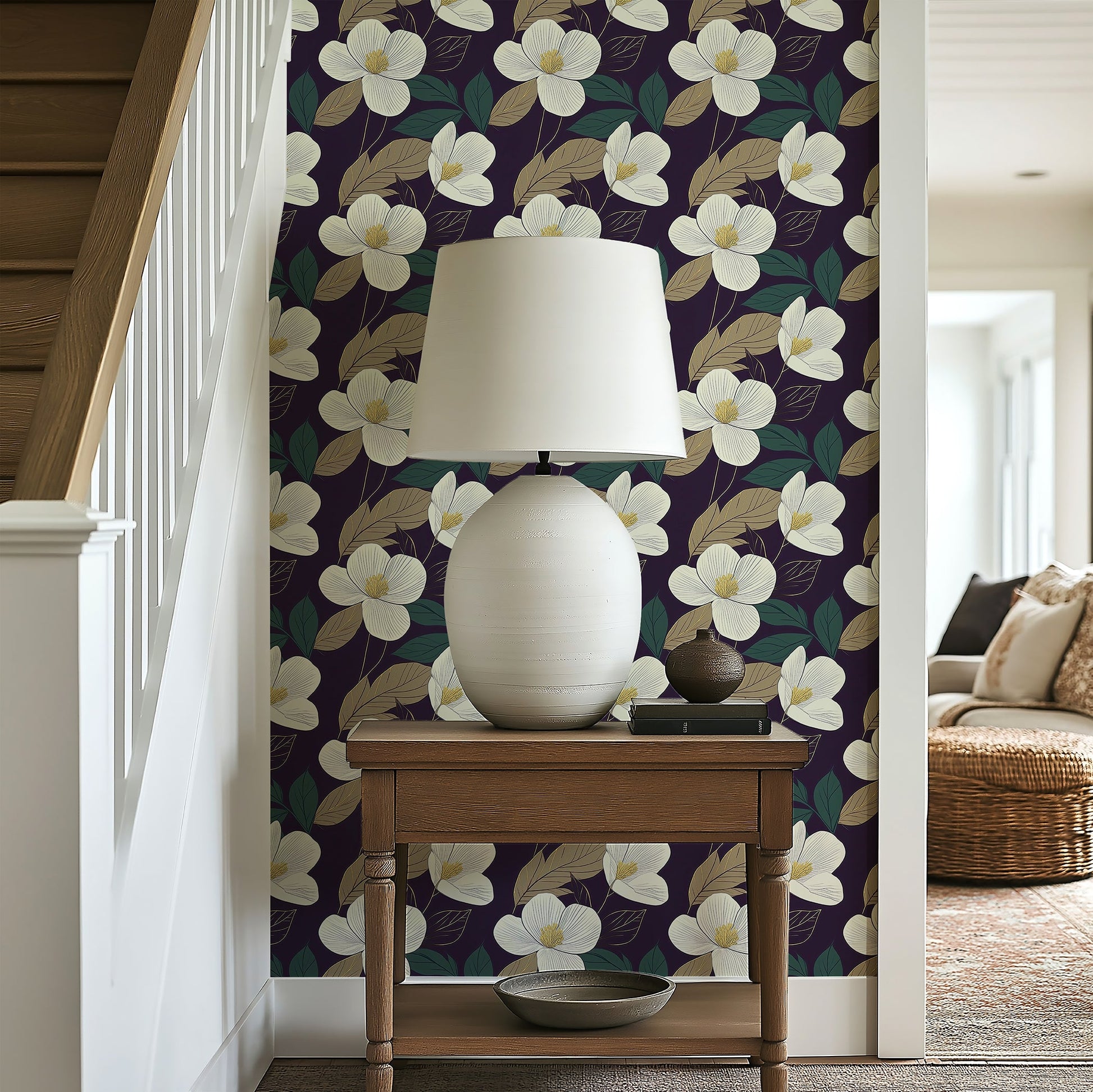 Ivory and Gold Petal Noir floral wallpaper in modern hallway with lamp, featuring ivory petals and golden leaves on a purple background.