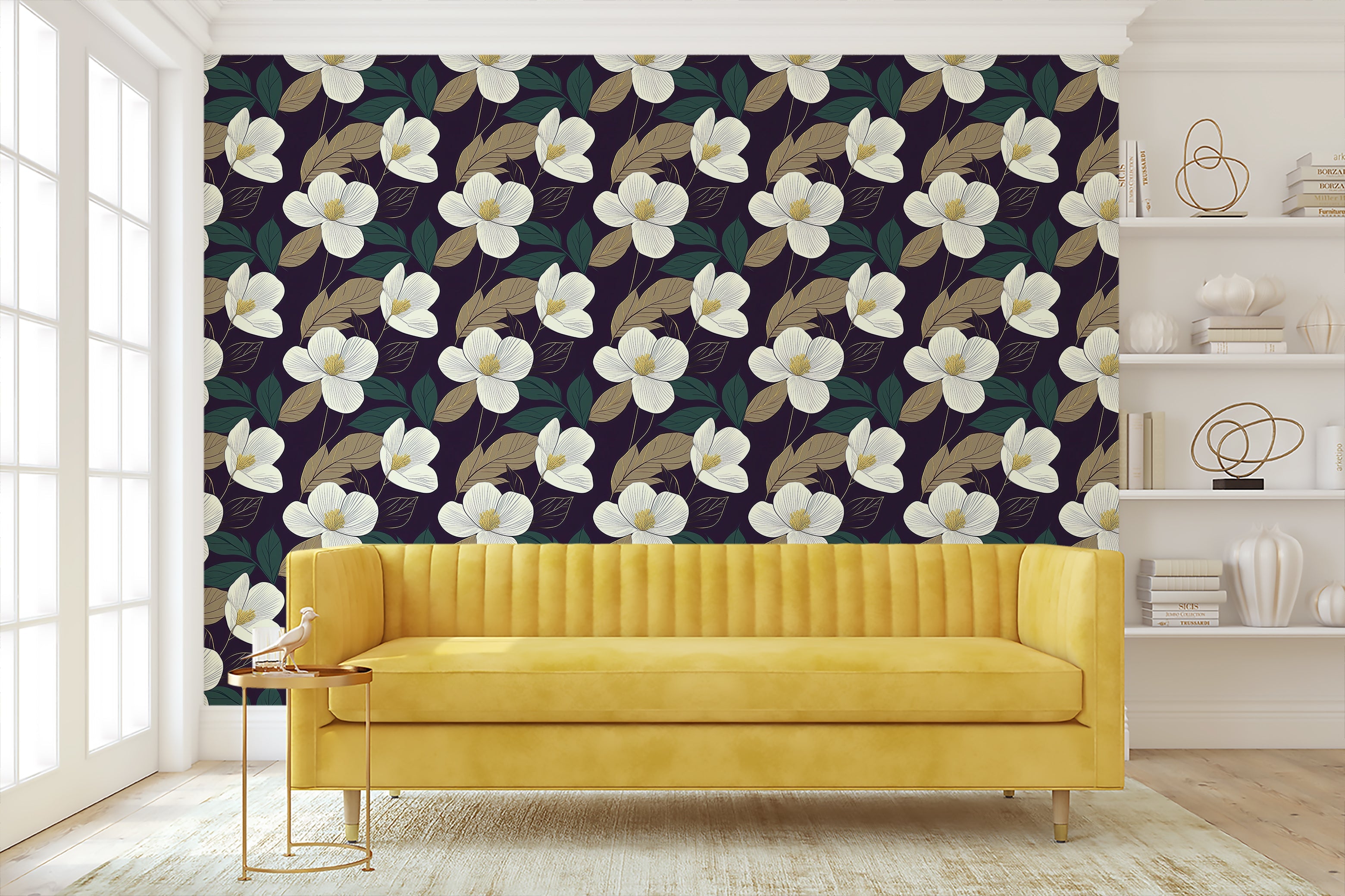Ivory and Gold Petal Noir floral wallpaper with ivory petals and golden leaves on deep noir, enhancing a modern living room interior.