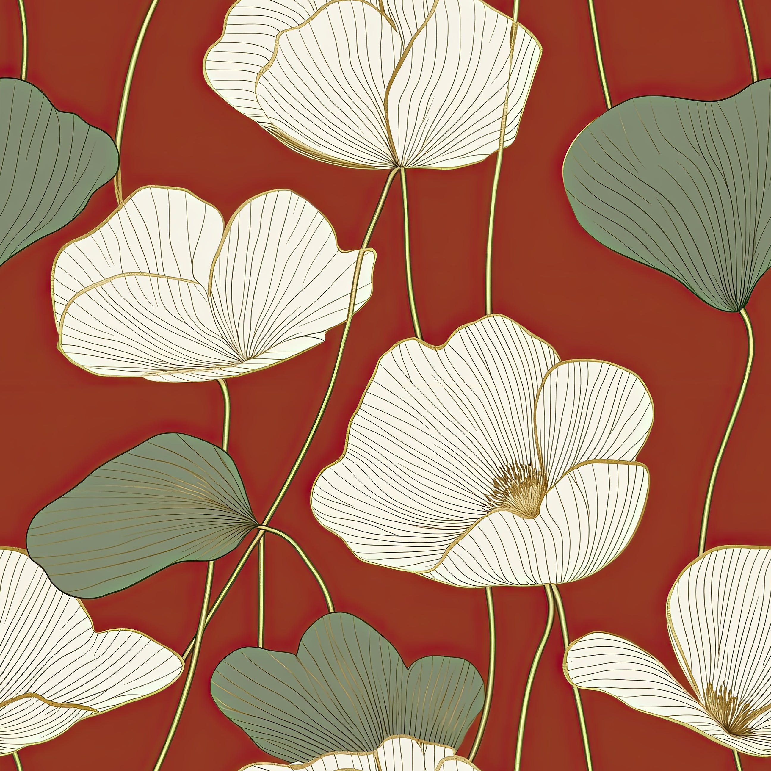 Gilded Blossom Rouge wallpaper with white gold floral pattern on a deep red background, featuring cream blossoms and sage green leaves.