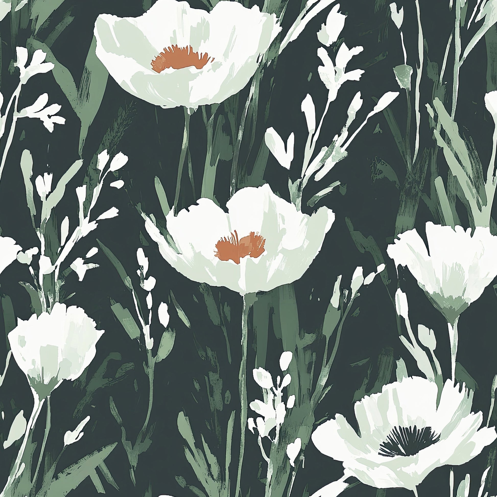 Enchanted Woodland Floral wallpaper featuring hand-brushed white wildflowers with green stems against a deep forest background.