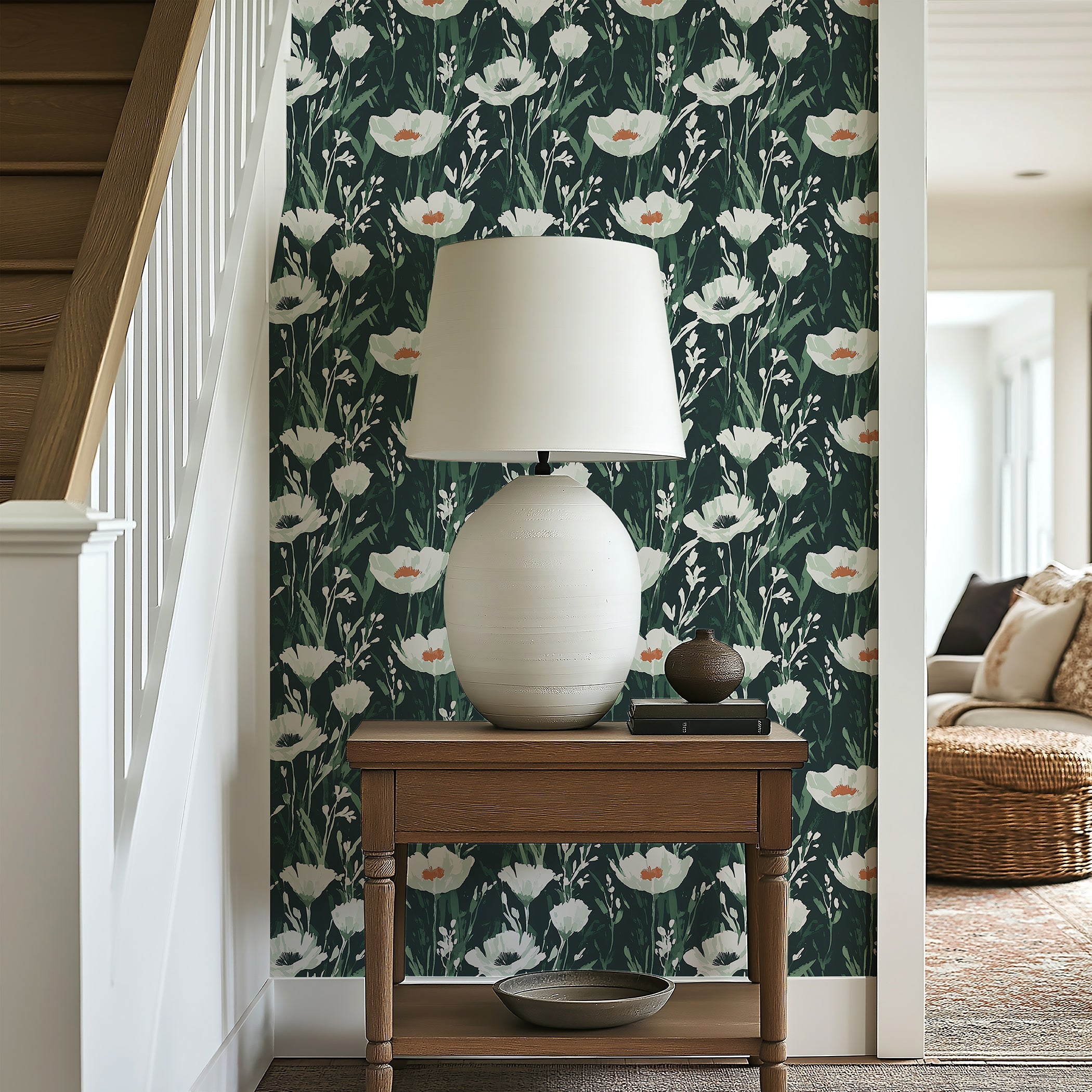 Enchanted Woodland Floral Wallpaper featuring hand-brushed white wildflowers and green stems, enhancing a room's peaceful ambiance.